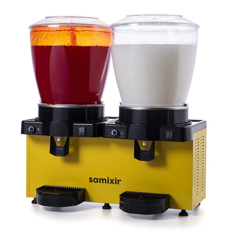 Samixir SM44 Panaromik Analog Twin Soğuk İçecek Dispenseri, 22+22 L, Fıskiyeli ve Karıştırıcılı, Sarı